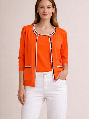 Talbots Orange Pima Cotton Button Up Sweater Set with Shell - Medium
